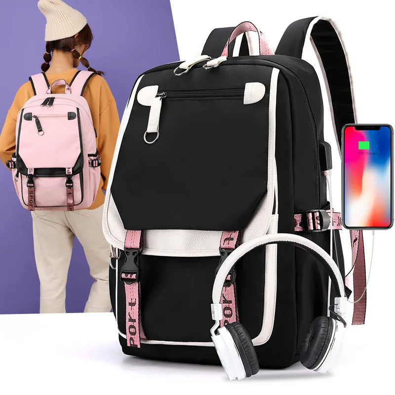 Большие школьные ранцы POOLOOS для девочек-подростков, Холщовый портфель с USB-портом, модный школьный ранец для учебников черного и розового цв...
