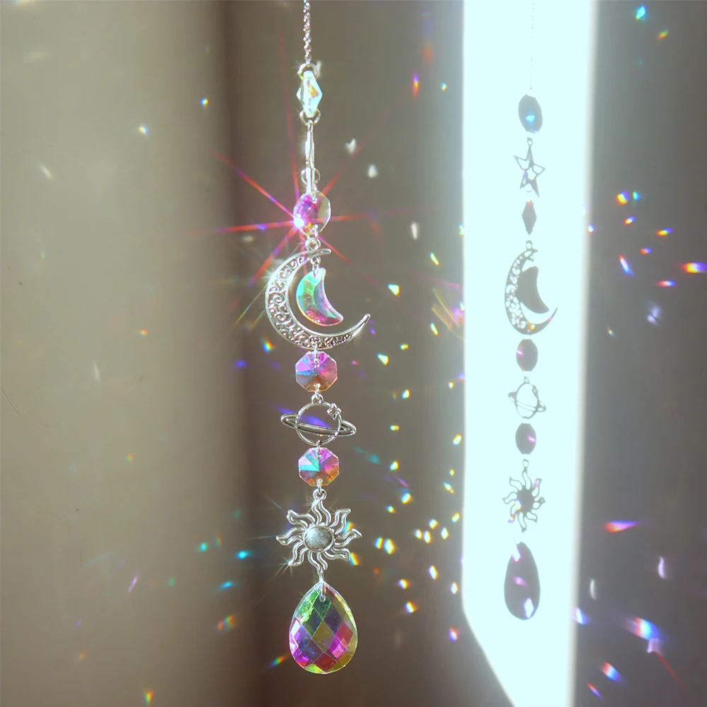 Kristal Angin Berpadu Bulan Penangkap Matahari Berlian Prisma Liontin Penangkap Mimpi Pelangi Pengejar Menggantung Drop Dekorasi Taman Rumah Windchime
