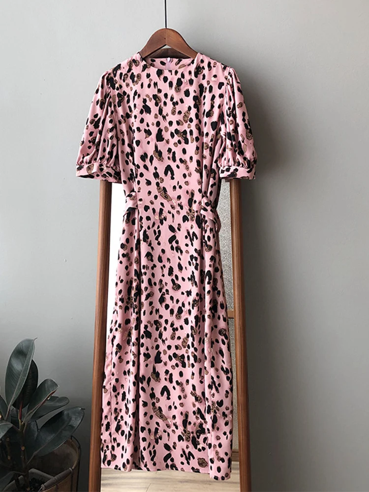 

BPP Pink Leopard Chiffon Dress Women Summer Breathable Design Feel Comfortable Small Niche French Tea Break Floral Dress New