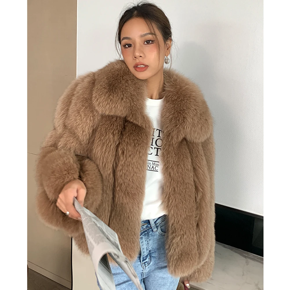 Women's Real Fox Fur Coat Winter Fashion Outwear 2022 Trendy Natural Whole Skin Genuine Fox Fur Coats Lapel Collar Fur Overcoats