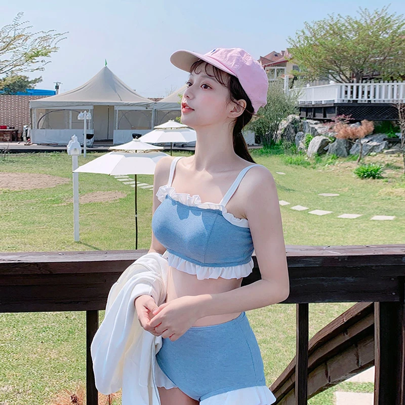 

Blue Color Two Piece Ribbed Strap Bathing Suit Bikini Set Cute Ruffle Swimsuit Sexy Padded Beachwear Women Swimwear 2021