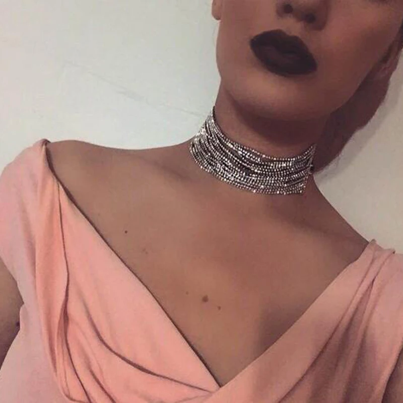 Прямая поставка Bling, со стразами и кристаллами чокер колье массивные золотые серебряные цвета Короткие ювелирные изделия для женщин - Окраска металла: Светло-желтый цвет
