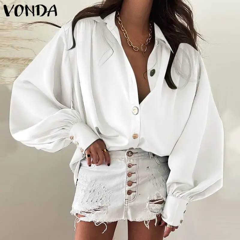 

Женские офисные рубашки VONDA 2021, Осенние повседневные офисные рубашки с лацканами и пуговицами, богемные женские блузы, Женские однотонные у...