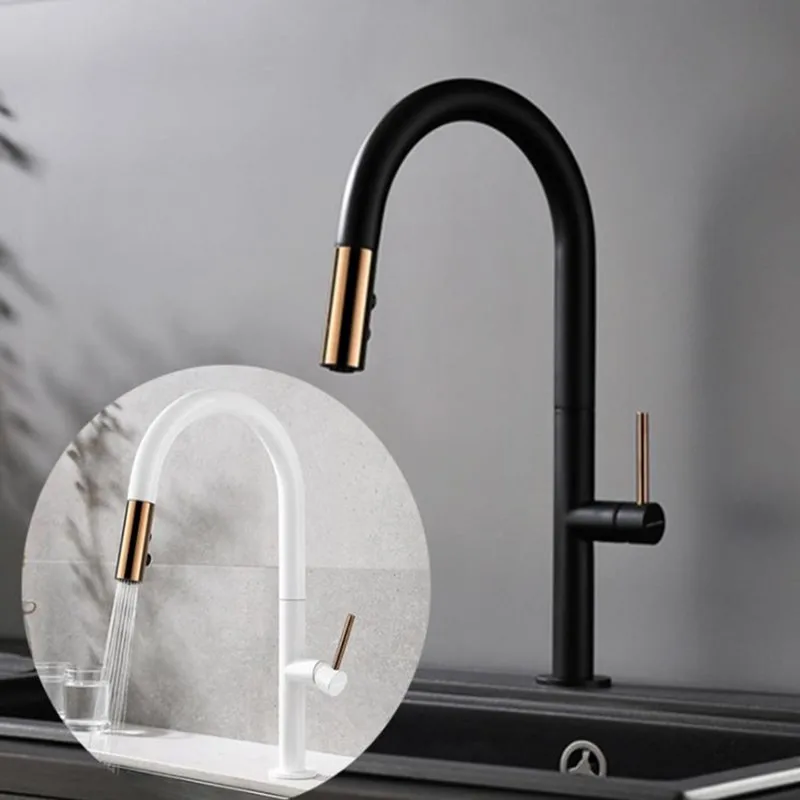 LASO European antique sink faucets Black white pull faucet adjustable kitchen hot and cold swivel spout extension | Обустройство дома