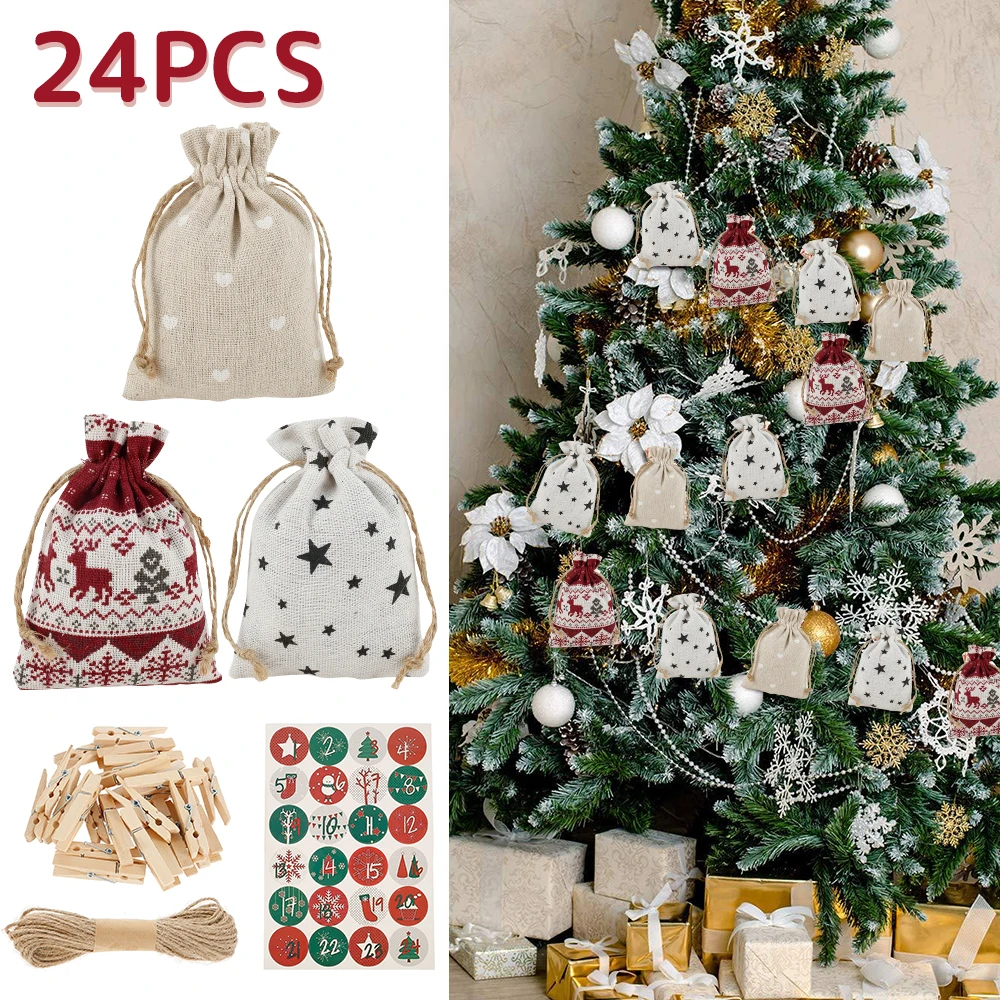 24 шт./компл. рождественские мешковины на завязках льняные сумки мини-сумки для