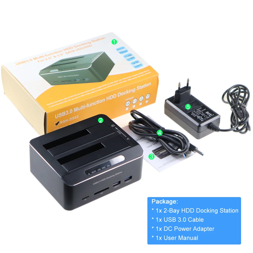 2 отсека жесткий диск Док-станция USB 3,0 на SATA для 2," /3,5" HDD SSD с 2x USB 3,0 концентратор TF/SD кард-ридер автономный клон UASP