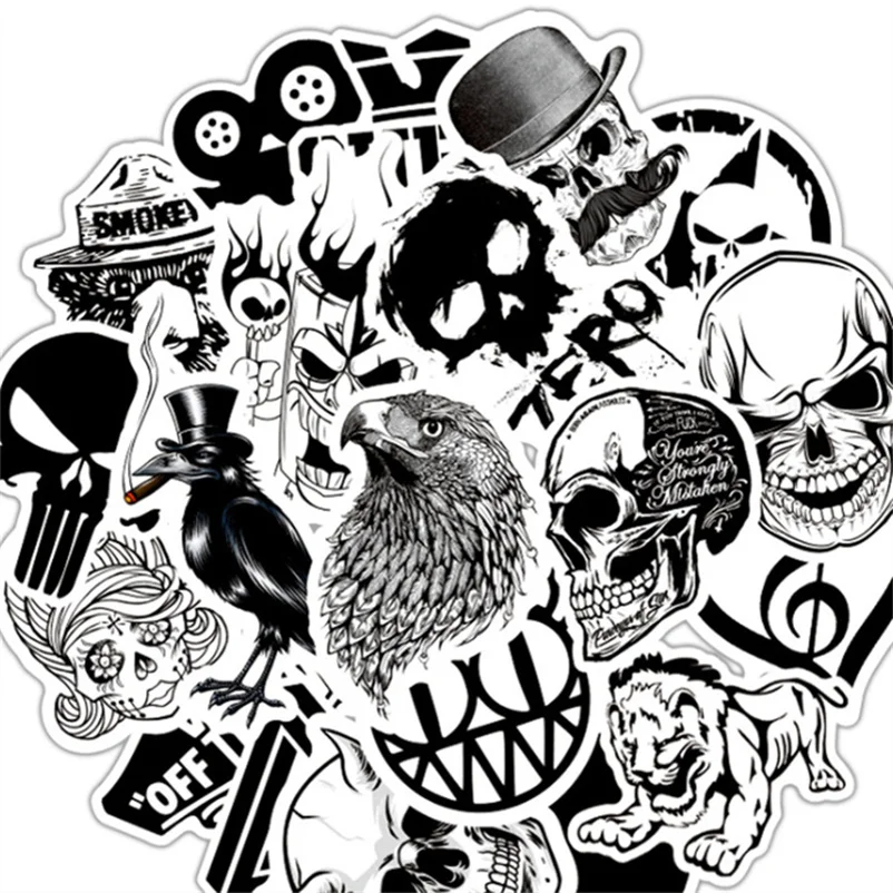 Pegatinas de grafiti Rock en blanco y negro con dibujos animados, 10/30/50 Uds., para ordenador port&aacute;til, guitarra, casco, juguetes a prueba de agua, venta al por mayor-0