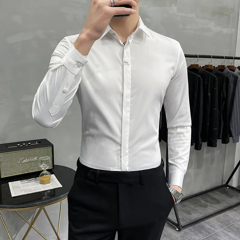 

White shirt men's hidden button long sleeve slim fit business best man suit shirt work professional dress inch shirt man