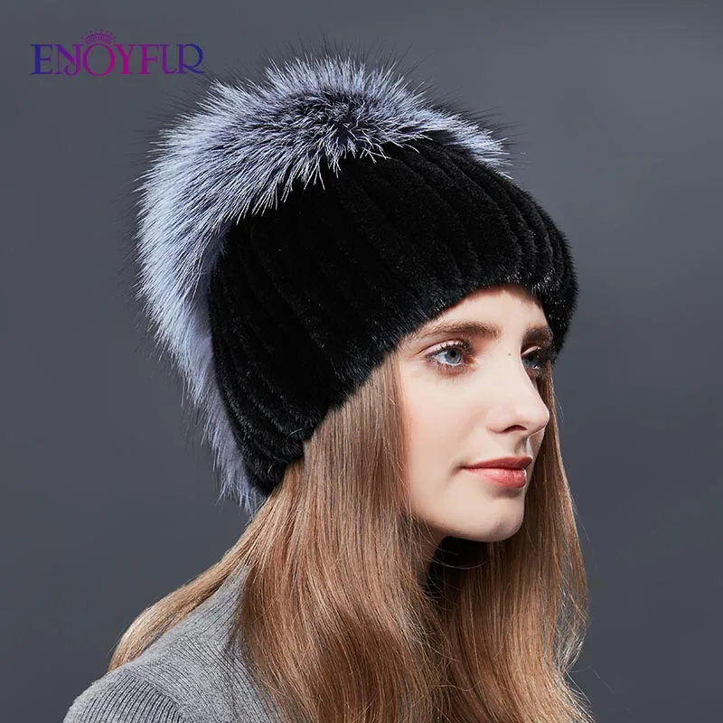 Женские шапки ENJOYFUR зимние теплые Вязаные норковые с лисьим мехом|Женские Skullies и