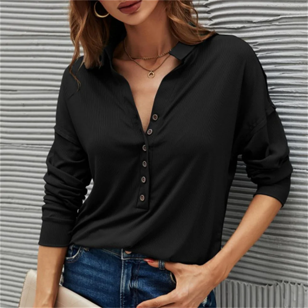 

2022 New Spring Clothes Button Tops Shirts Women Long Sleeve Turn-Down Collar Solid Color Casual T Shirt Loose Office Ladies Tee