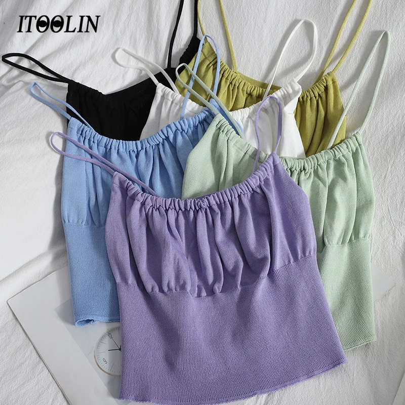 

ITOOLIN Summer 2021 Camis Women Slim Fit Crop Top Sweet Girls Spaghetti Strap Backless Tank Tops Solid Female Knit Vest