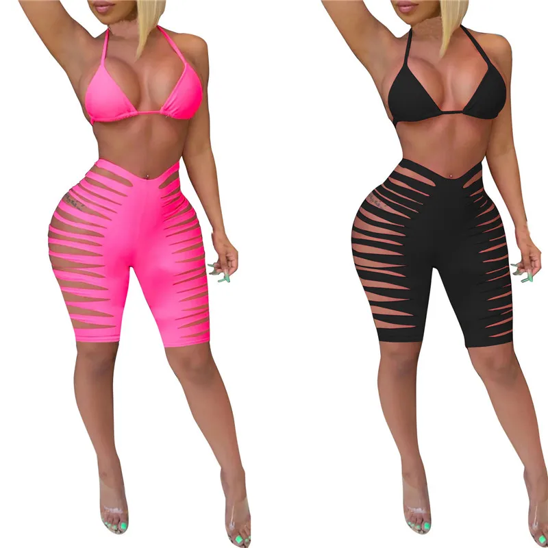 

YEYA Bikini Two Sets Lace Up Off Shoulder Halter Backless Top+ Hollow Out Hole Short Pants Casual Party Beach Holiday Swimsuits
