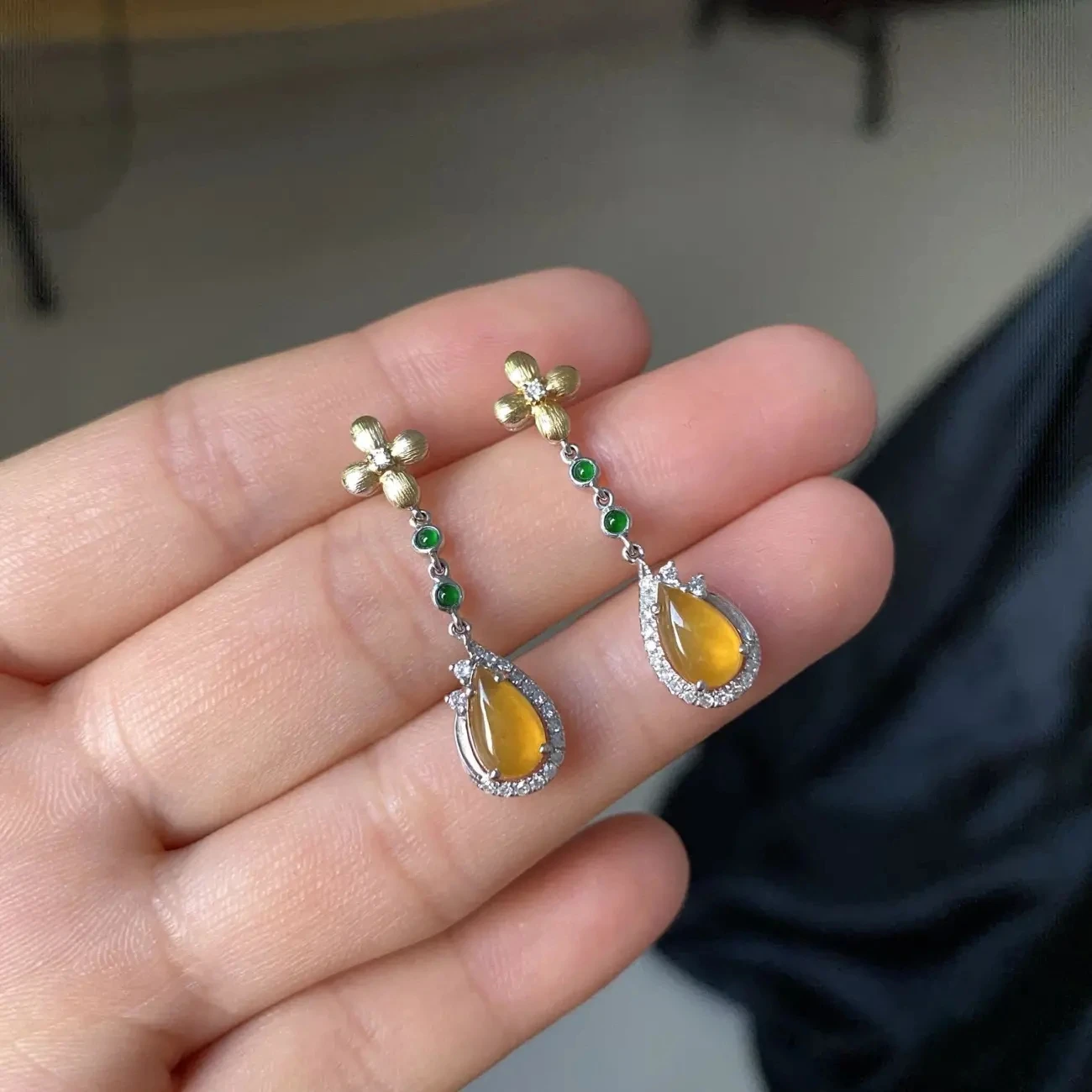 

High Ice Transparent Chalcedony Fluorescent Yellow Jadeite Eardrop Earring Women's S925 Sterling Silver Inlaid Water Drop