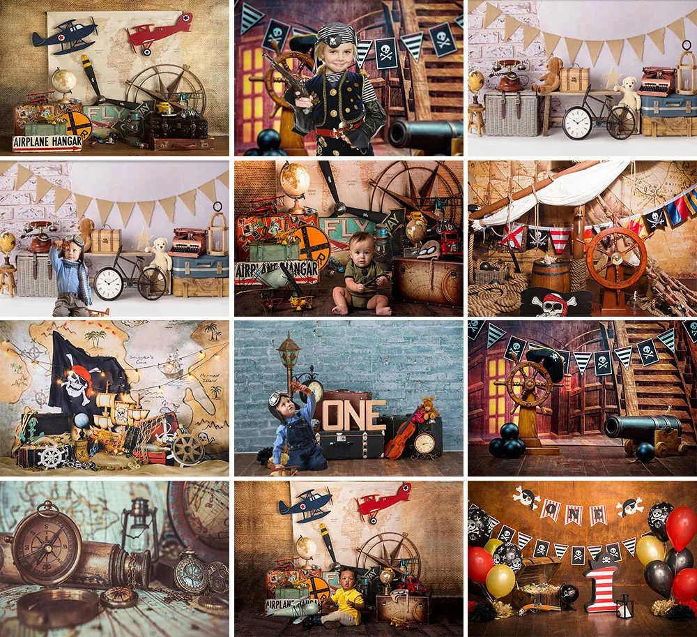 

Pirate Ship Backdrops Boy Birthday Decor World Map Airplane Adventure Banner Photography Background Photo Studio Photozone Props