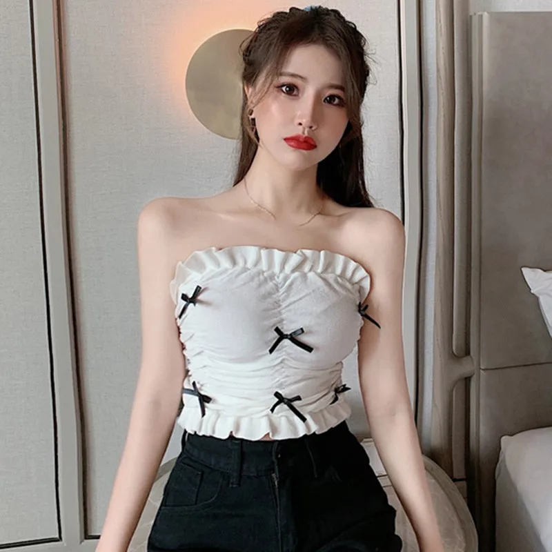 

Women's Summer Strapped Sexy Beach Knitted Female Crop Top Short Tops Sweet Ladies Korean Style Strapless Tank Tops