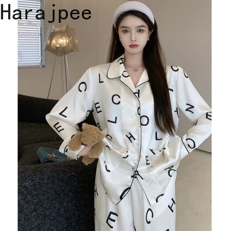 

Harajpee Autumn Satin Pajamas Printed Shirts Pajamas 2021 New Fashion Age Reducing Two-piece Suit Women Elegant Fashion