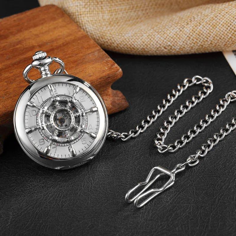 

Hollow Rudder Steering Wheel Steampunk Silver Vintage Mechanical Pocket Watch Skeleton Hand Wind Necklace Watch Men Women Clock