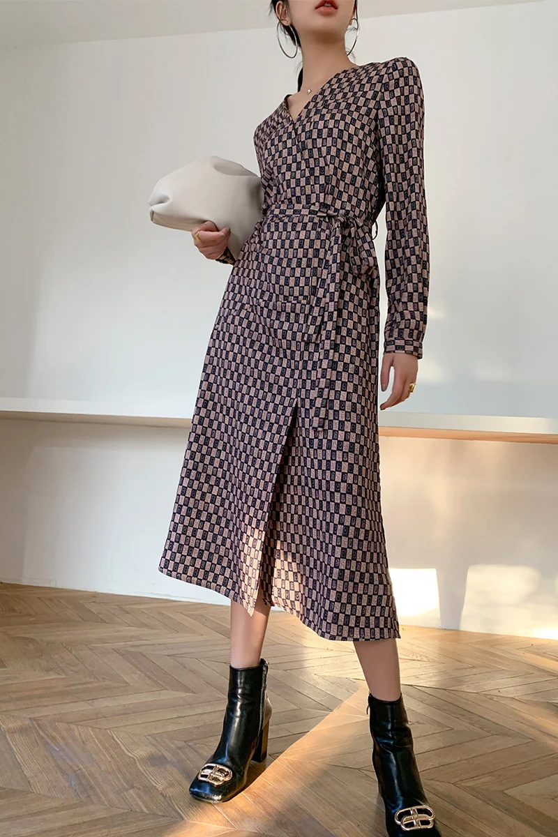 

Elegant wrap dress women v-neck mosaic checked irregular split lace up midi dress sash streetwear vestido work wear