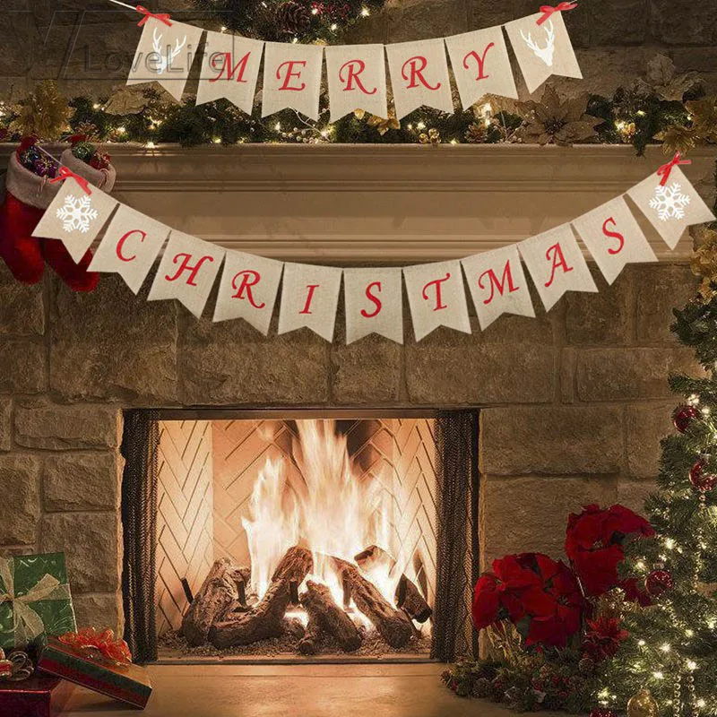 Счастливого Рождества брезентовые флажки новый год 2019 Джутовая Ткань гирлянда