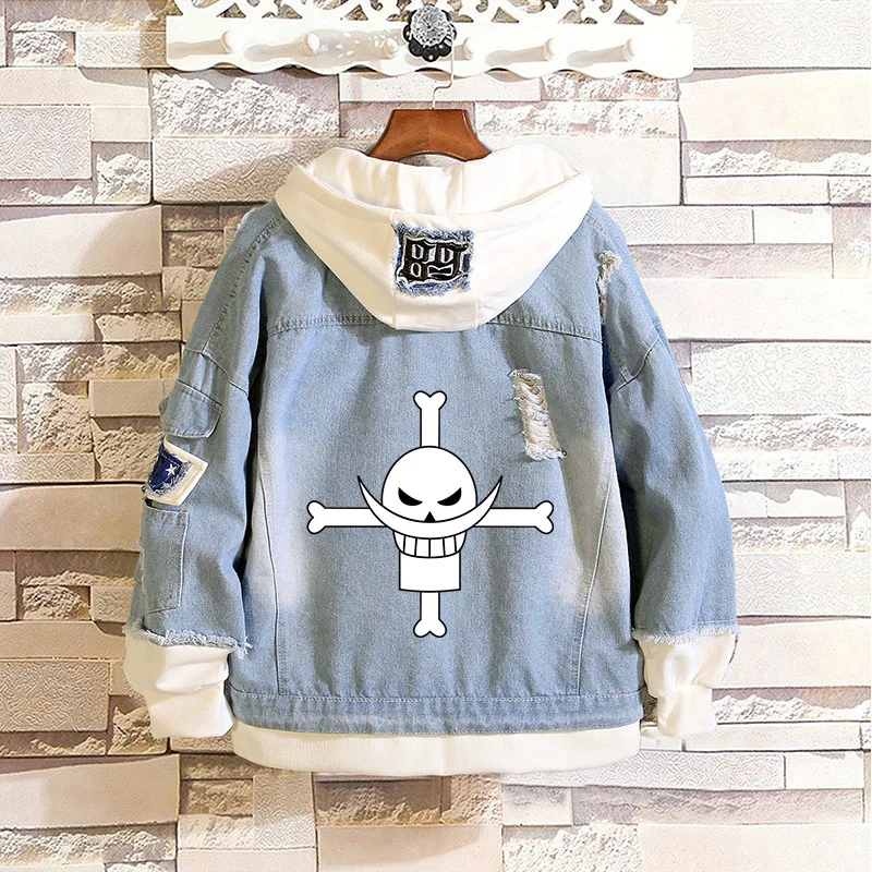 Anime Hole Denim Jacket ONE PIECE Chaqueta Hoodie Man Woman Luffy White beard Cosplay Costume Pure Cotton Fashion Casual Coat |