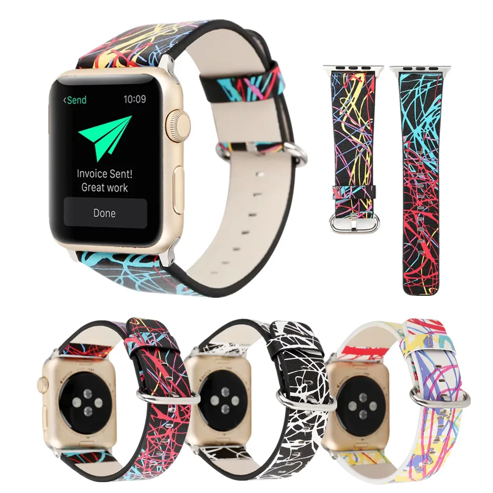 Цветной браслет в полоску для Apple Watch Band Series 6/SE/5/4/3/2 Кожаный Прочный Модный ремешок