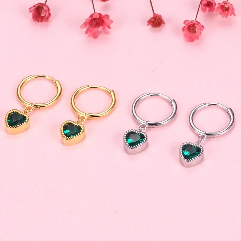 

925 Sterling Silver Ear Buckle Green Diamond Earrings Light Luxury Personality Super Fairy Heart Earrings Round Diamond Earrings