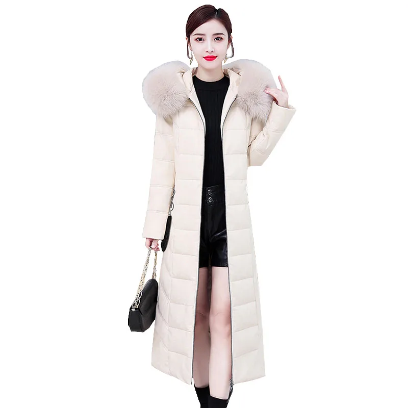 

Женский зимний кожаный пуховик, новинка 2023, женское облегающее длинное пальто большого размера, толстое теплое пальто из овчины с капюшоном и меховым воротником, OK1009