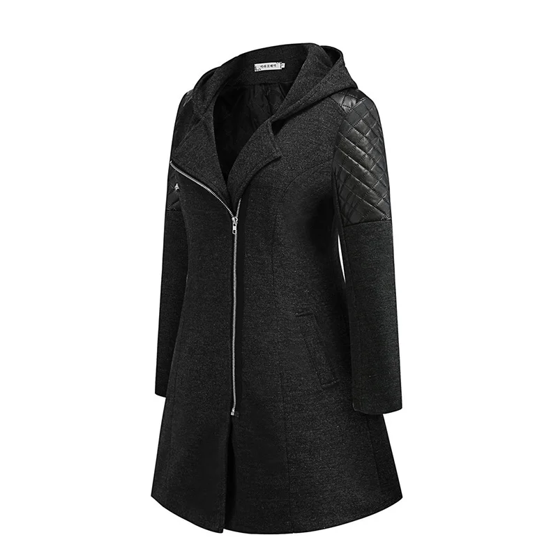 

Winter Warm Plus Size Women Wool Blazer Black Grey Zipper Fly Mid-length Coats Pockets Long Sleeve Hooded Coat Outerwear