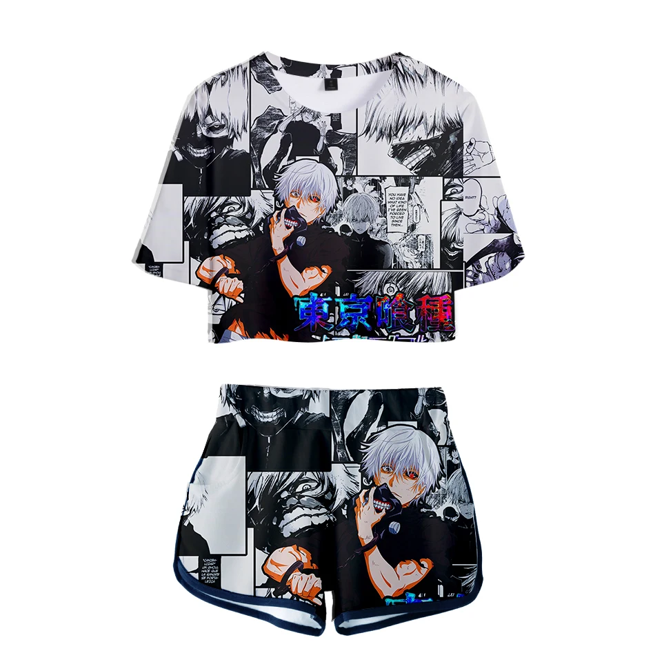 

Anime Tokyo Ghoul Two Piece Set Women Summer Hip-Hop Sexy Crop Tops + Shorts Girls Elastic Waist Track Suit Female Outfits Women