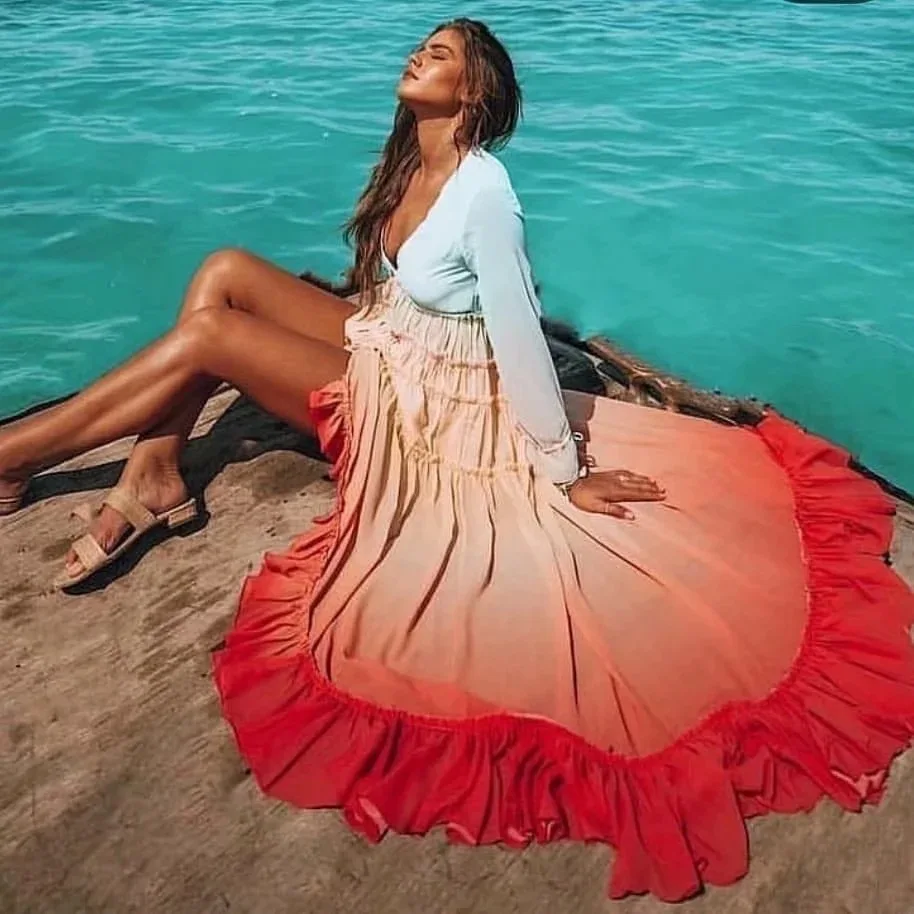 

deep V neck gradient color tassels long chiffon holiday dress summer dress women
