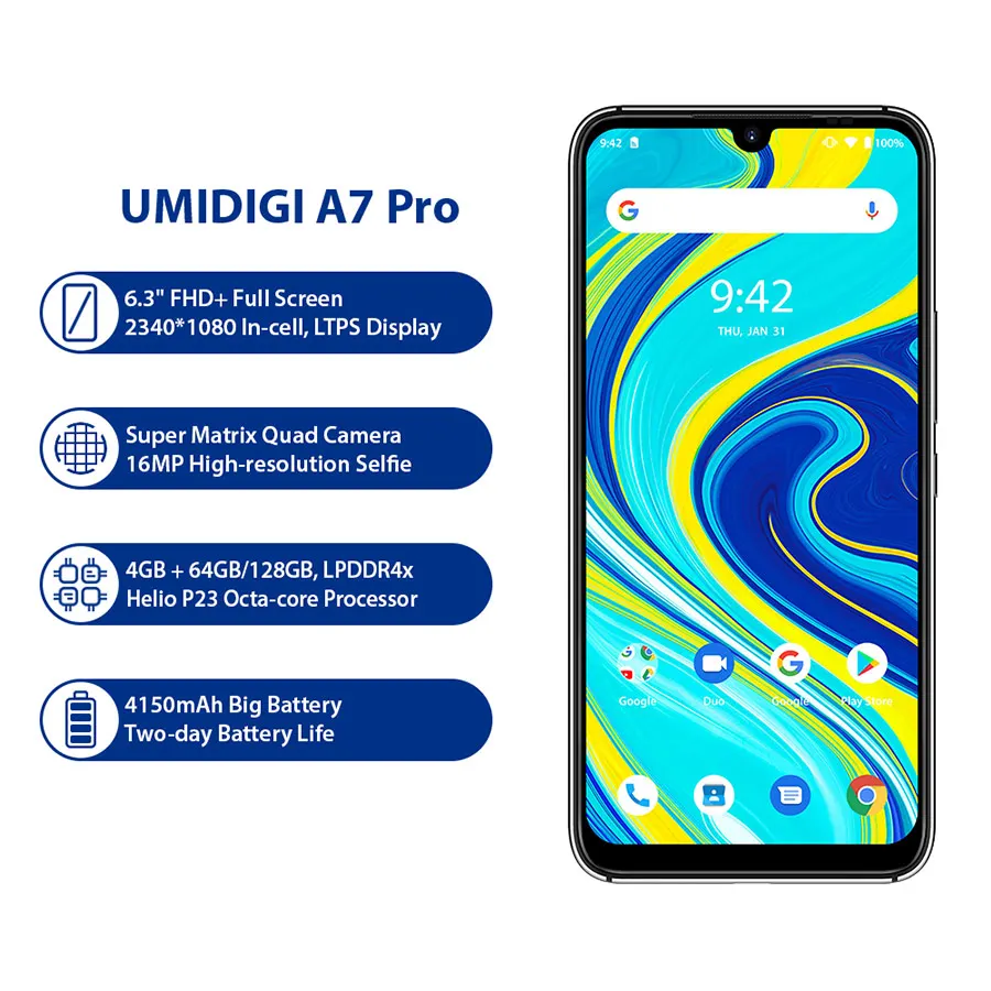 UMIDIGI A7 Pro 6 3 &quotFHD + полный Экран Andriod 10 OS смартфон 64 Гб/128 ГБ Встроенная память LPDDR4X Octa