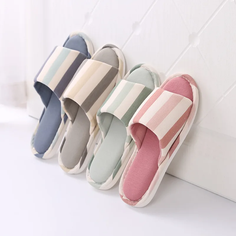 

New Striped Couple Slippers Linen Breathable Japanese Slippers Home Non-slip Cloth Sewn Shoes EVA Vertical Striped Slippers