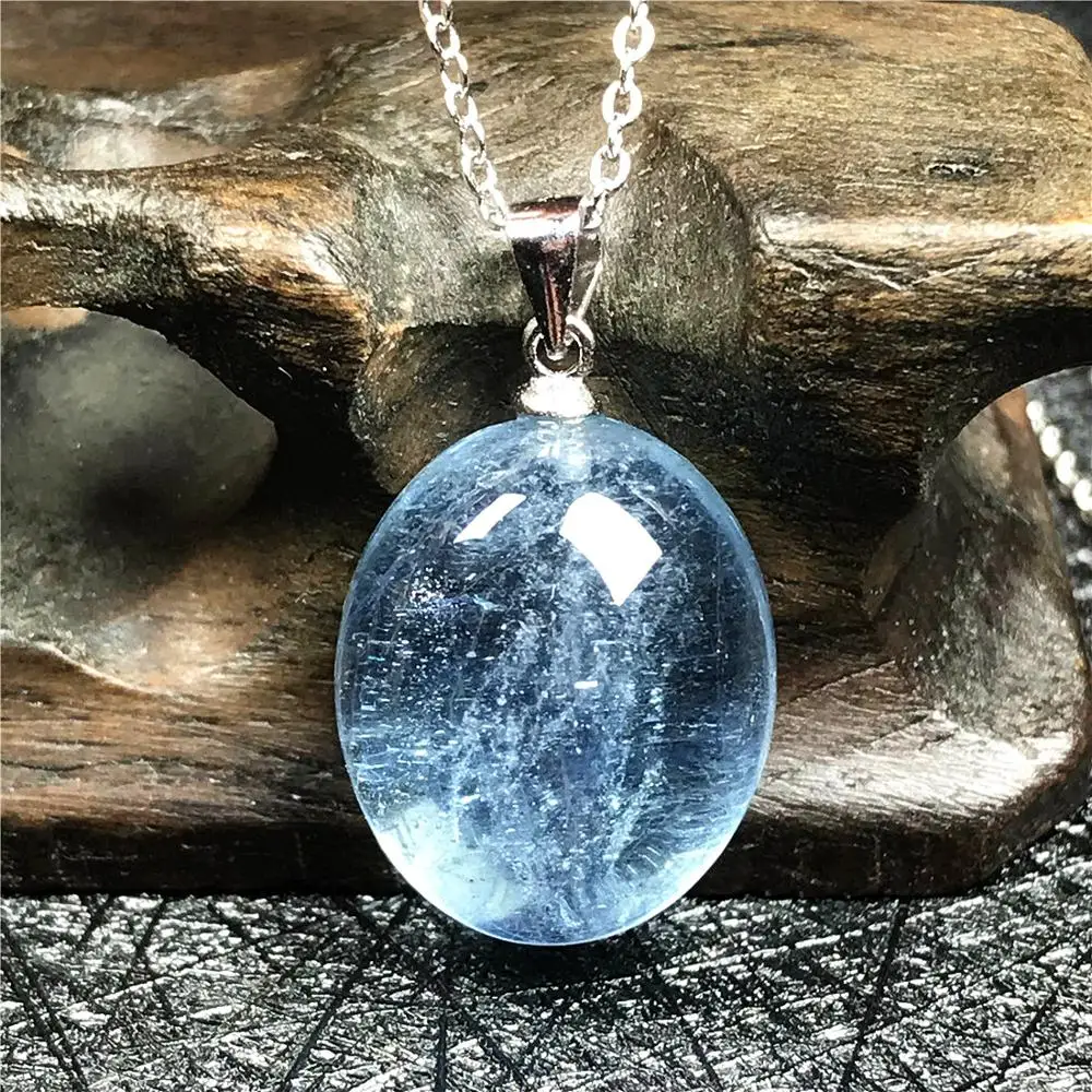 Pendant Necklace Natural Ocean Blue Aquamarine Jewelry For Woman Lady Man Silver Chains Crystal 19x14x9mm Beads Oval Stone AAAAA | Украшения
