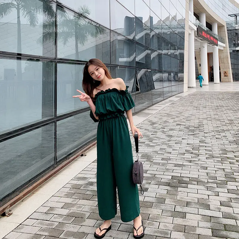 Women Set 2 Piece Summer Fashion Trend Crop Top 2021 New Ladies Clothes Leaky Shoulder Word Collar Chiffon Cropped Pants |