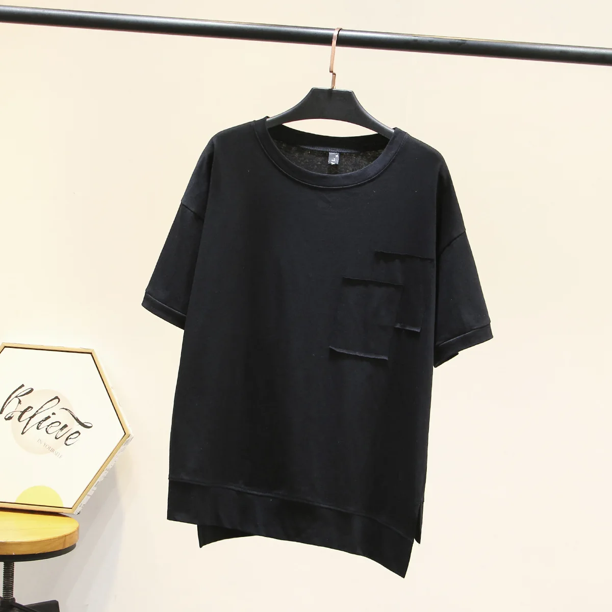 Women Summer T-shirt Lady Tees Female Solid Color Short Sleeve Tops Patch Asymmetry Hem Fashion Plus Size G2-A30 | Женская одежда