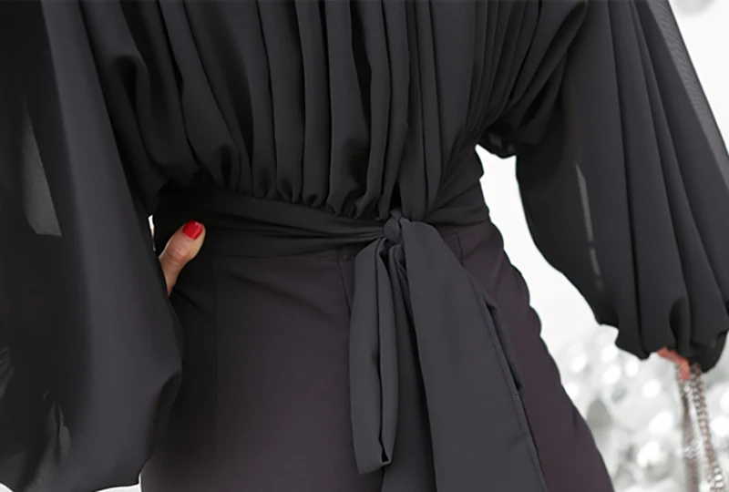 CHICEVER Bohemian Bowknot Women's Shirts Stand Collar Lantern Sleeve Ruched Perspective Blouse Female Autumn Fashion New