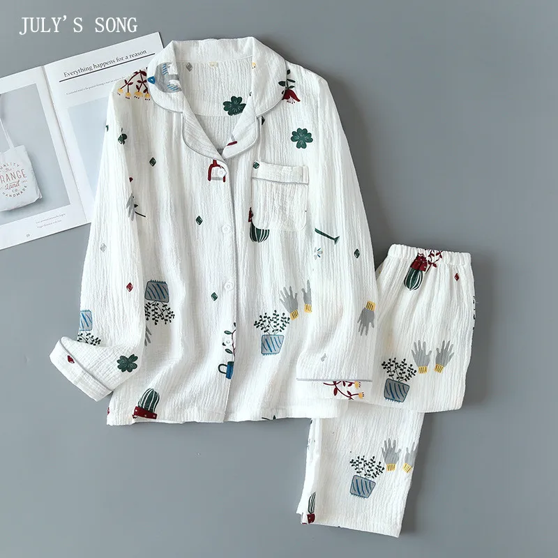 

JULY'S SONG Cotton Women Pajamas Casual Turn-down Collar Long Sleeve Sleepwear Plant Printed Summer Pyjama Female Cute Homewear