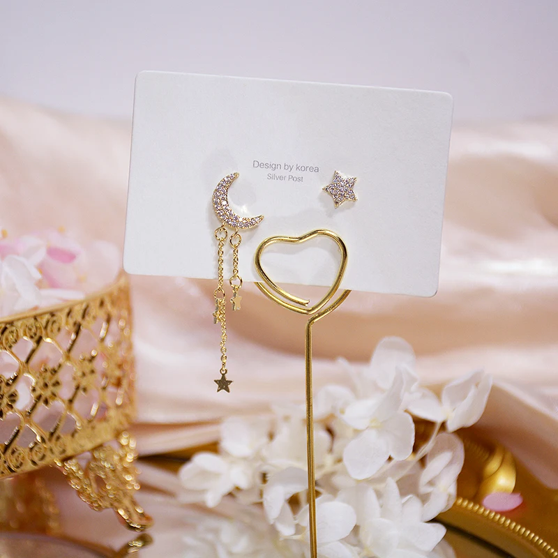 

New Trendy 14K Real Gold Plated Moon Stars Tassel Drop Earrings for Women Jewelry AAA Zirconia S925 Silver Needle Party Gift