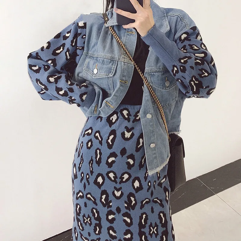 Женский трикотажный Костюм двойка с леопардовым принтом джинсовый свитер