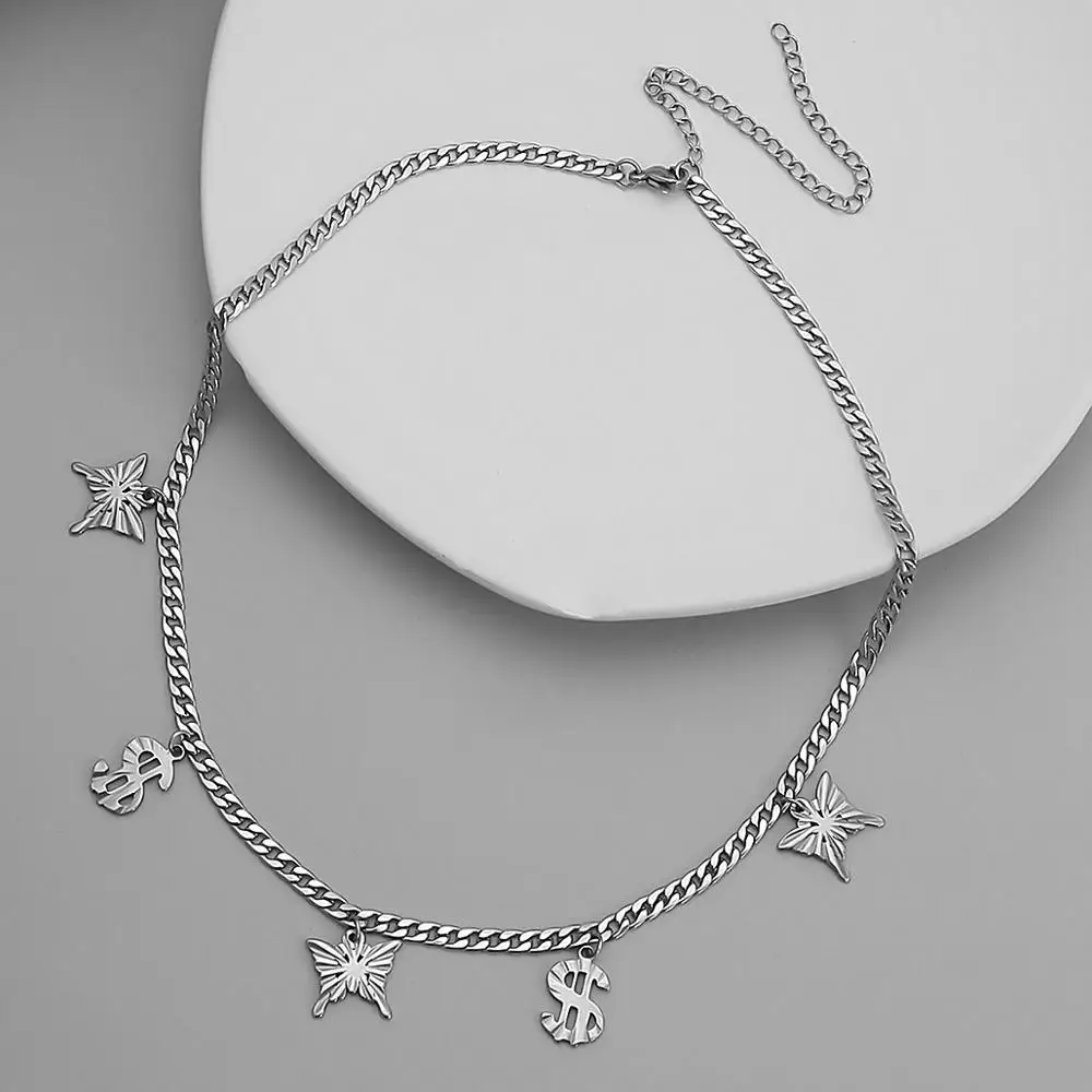 

Stainless Steel Choker Necklace for Women Gothic Cuban Link Chains Butterfly Pedant Necklace Punk Couple Neck Collar Jewelry