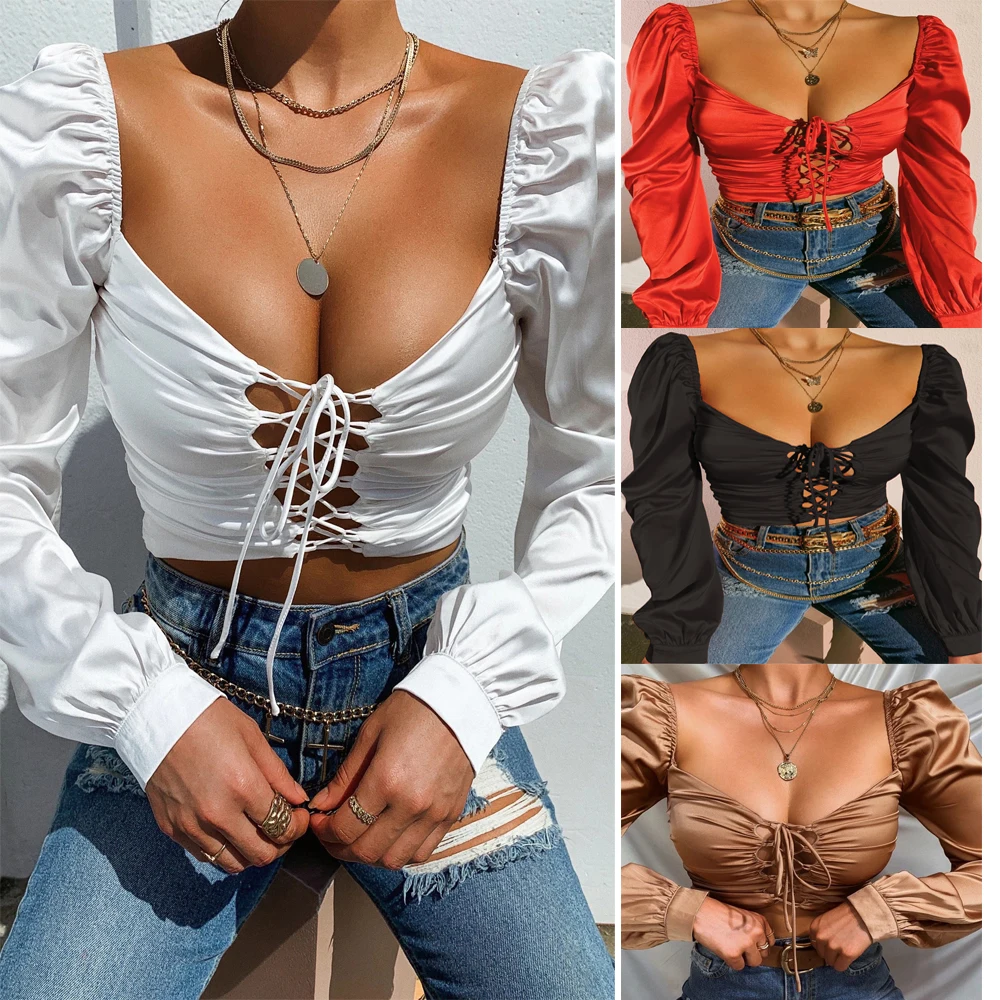 

Women Sexy Crop Top Female Solid Color Long Sleeve Deep V-neck Hollow-out Clothes White/ Red/ Black/ Brown