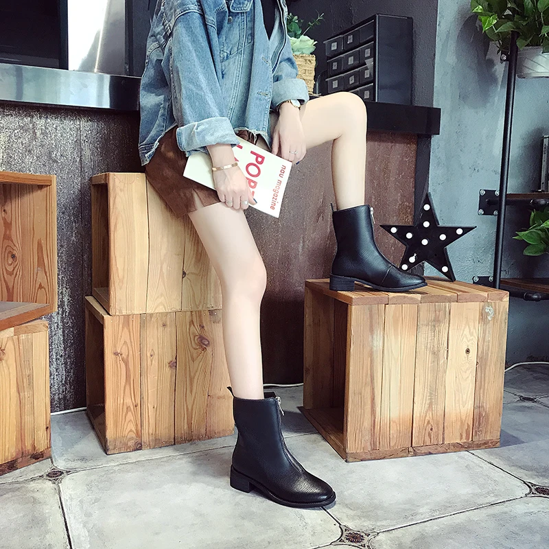 Женские ботинки из ПУ кожи на молнии спереди высоком каблуке|Женские