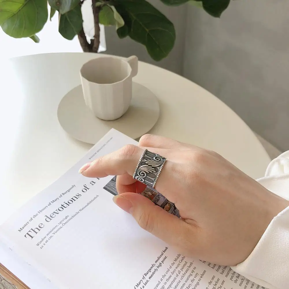 

925 sterling silver vintage angel's wing wide face opening ring minimalism personality index finger ring silver for women