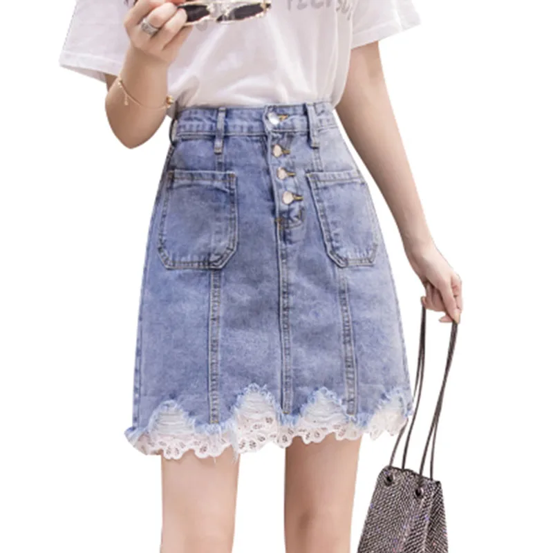 Летняя Корейская кружевная джинсовая юбка с вышивкой женская модная шикарная