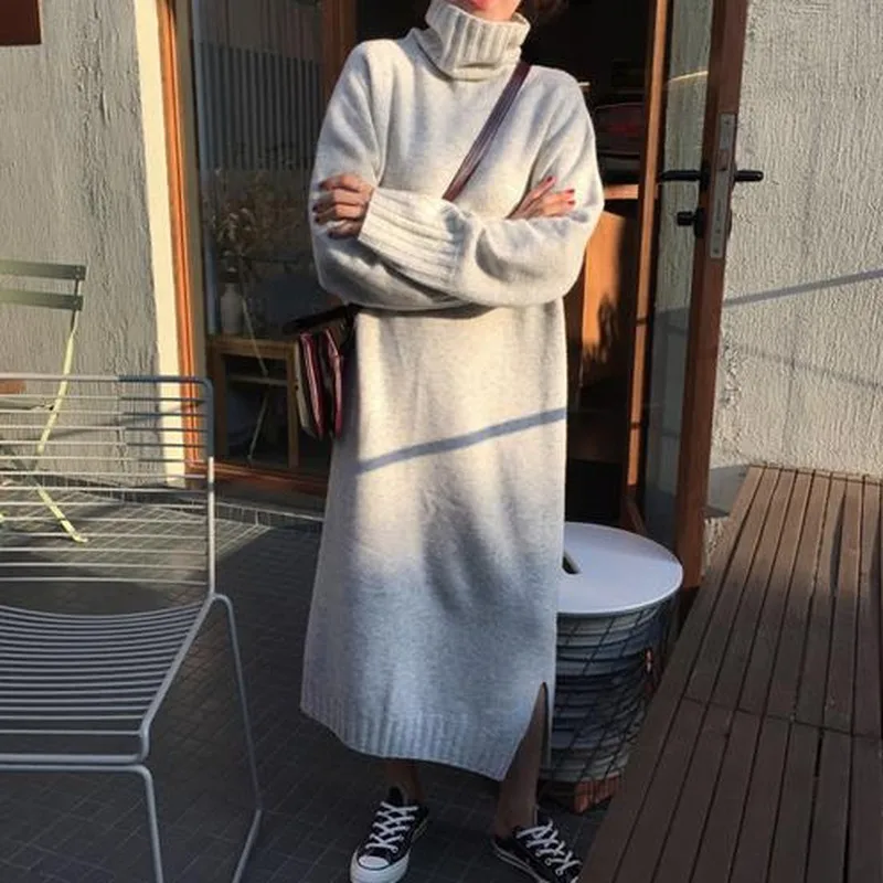 Осень Зима Водолазка свитер длинное трикотажное платье женский длинный рукав