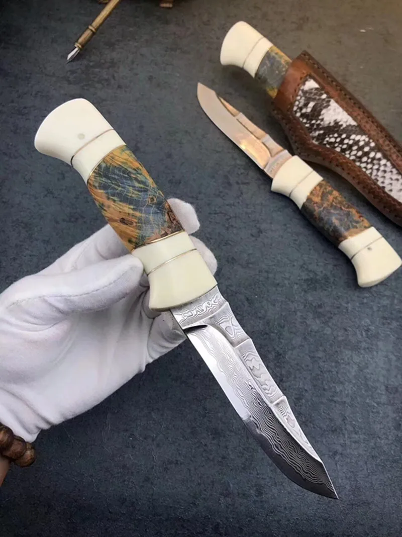 Ручной Кованый 60 HRC VG10 Дамасская сталь прямой фиксированный нож охотничьи ножи