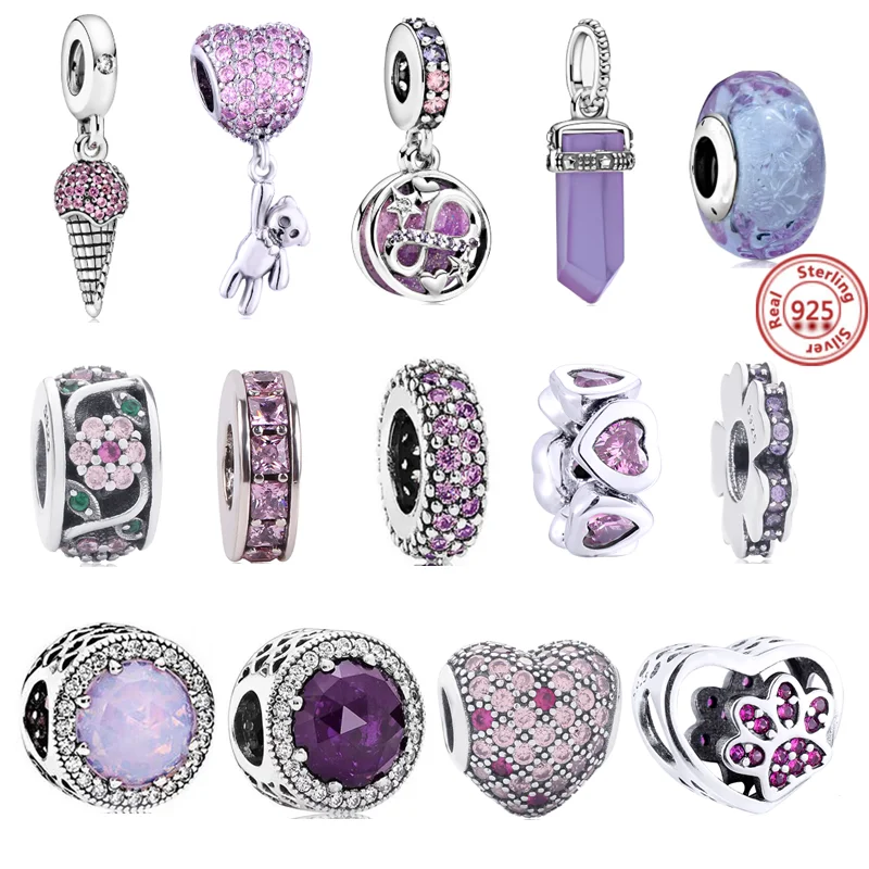 100 925 Sterling Silver Pink purple Heart Little Bear Beads Fit Original Charms Pandora Bracelet Bead DIY Jewelry making