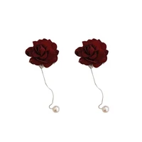 new elegant red rose velvet drop earrings long ear line pearl earrings for women wedding bride jewelry