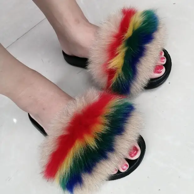 as pic shows 7 Women Fox Fur Slippers Real Fox Fur Slides Lovely Plush Slippers Woman Summer Home Sandals Women Fur Slides Furry Flip Flops Hot - Цвет: as pic shows 7