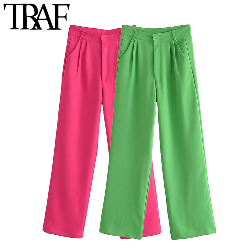 

TRAF Women Fashion Side Pockets Loose Wide Leg Pants Vintage High Waist Zipper Fly Female Trousers Mujer